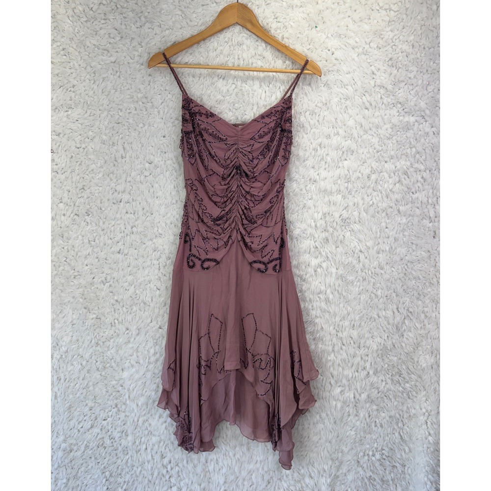 Papell Boutique Silk Beaded Dress 6 Mauve Pink Y2K Fairycore Asymetric Hem
